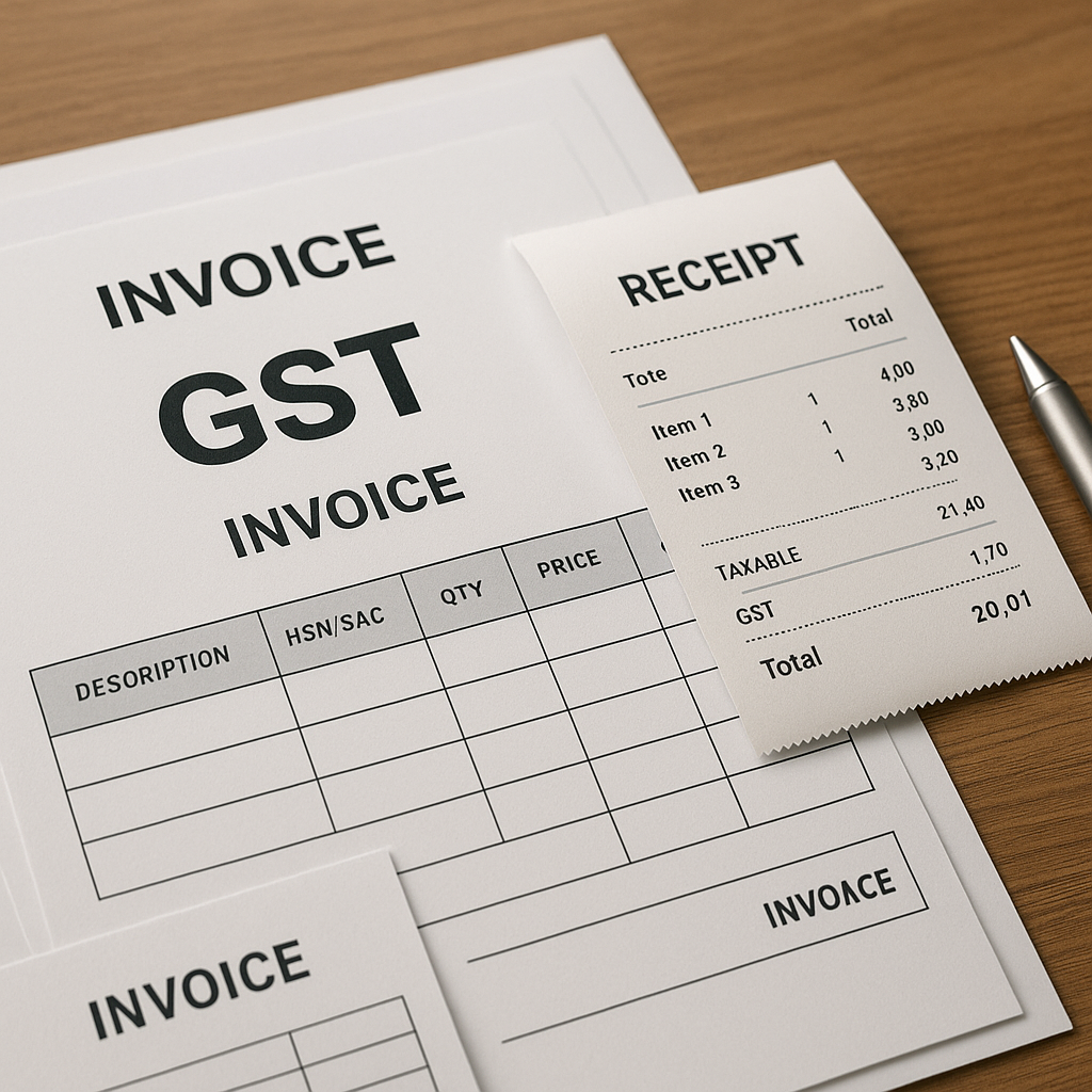 An image depicting a close-up of GST-related invoices and receipts on a wooden desk.